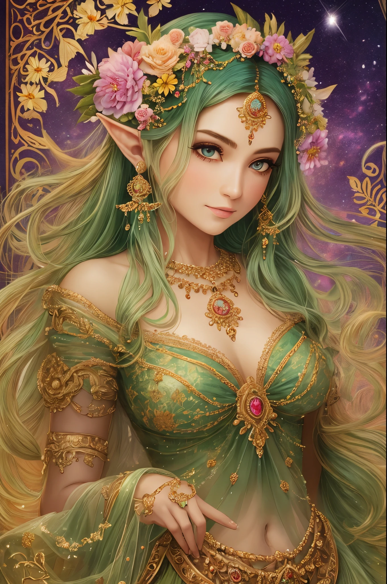(complex parts),
Sun Ray, depth of field,
ковбойский снимок BREAK 1girl, sitting,
(curvy body), thin waist, wide hips, big hips,
blonde hair, long braided hair, green eyes, pointed ears,
(ornate outfit), revealing dress with gold trim,
(ornate jewelry), Wreath on the head, BREAK throne room gold trim necklace, jungle, hibiscus flowers