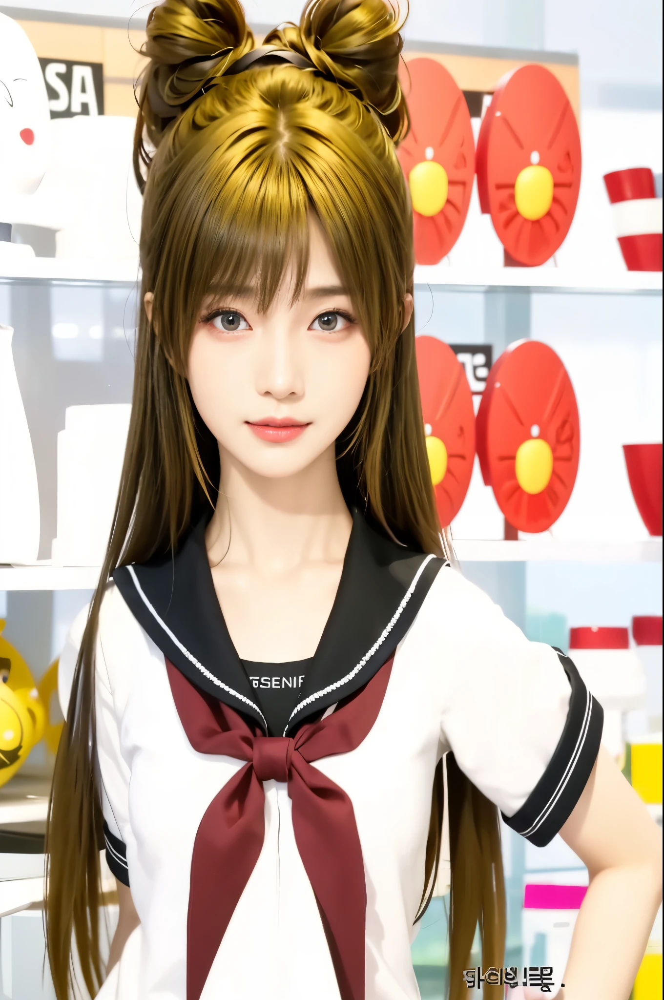 Korea girl in a store with a lasso hair style, yellow hair, dark red eyes, pointed nose, perfect jaw with a smile, realistic ultra details, high quality face