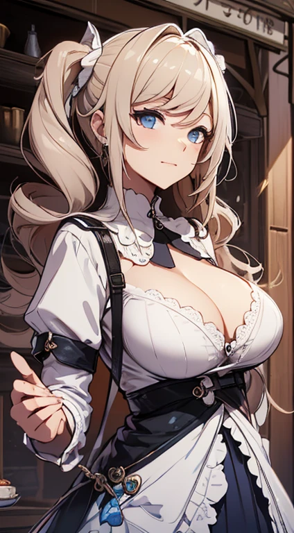 Barbara \(genshin impact\), barbara, genshin impact, top-quality、Top image quality、masterpiece、girl with((18year old、Waitress costume、Best Bust、Bust 85、a blond、twintails hair、Blue eyes、open chest wide、Valley、Happiness、Black wristband on wrist、A slender、耳Nipple Ring、The wind blows、Hold out the menu))hiquality、visualart、Background with((tea shop))、masutepiece、