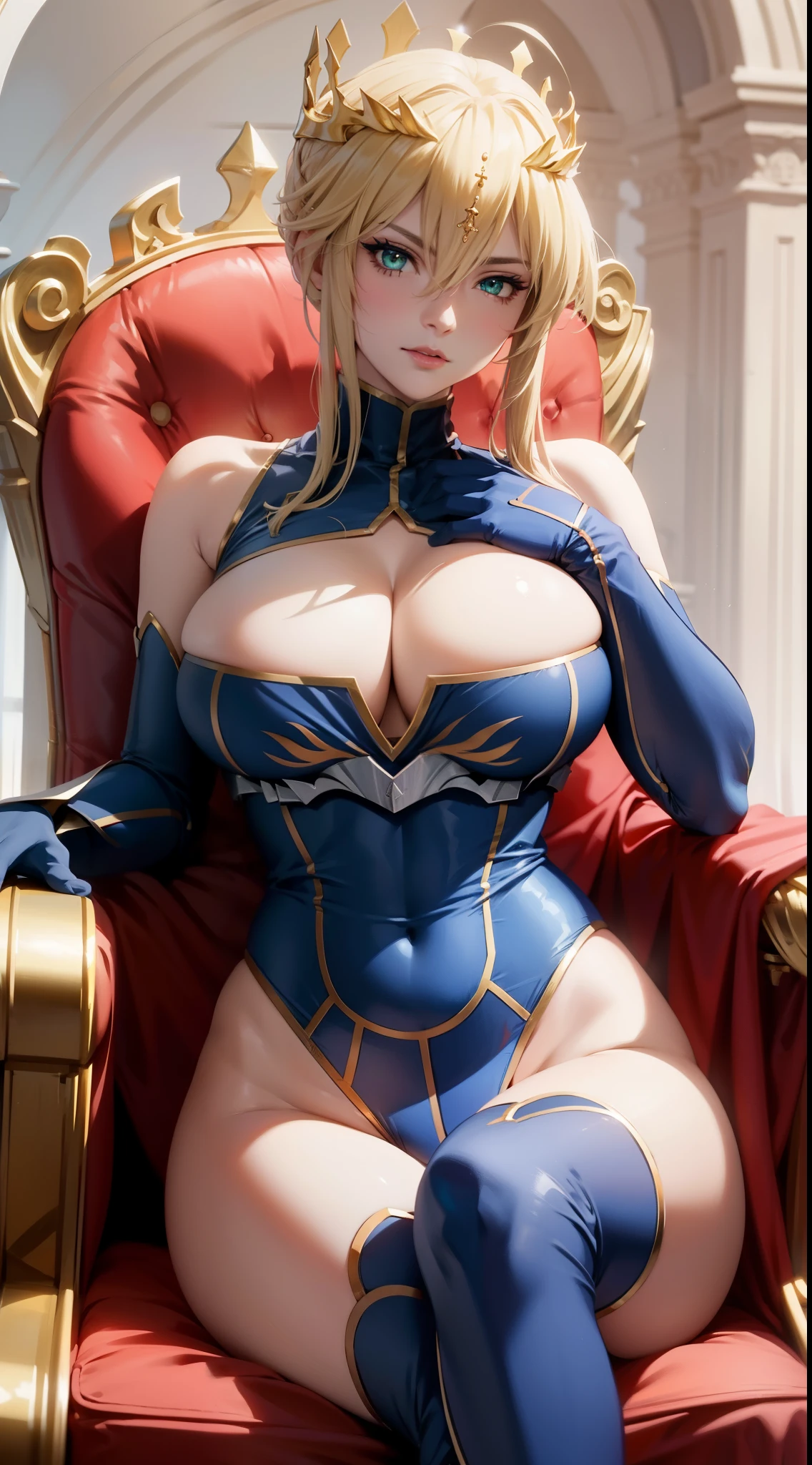 Lancer Artoria, elegant female, blonde, green eyes, crown, turtleneck, cleavage cutout, sleeveless, blue leotard, elbow gloves, gauntlets, blue thigh, sit on throne, throne room, close-up face, high resolution, extremely detail 8k cg.