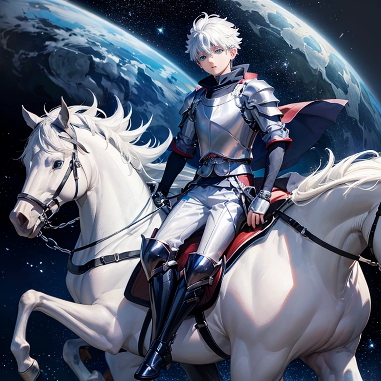 Killua Zoldyck anime character, white hair, blue eyes, wearing knight clothes, riding a white horse