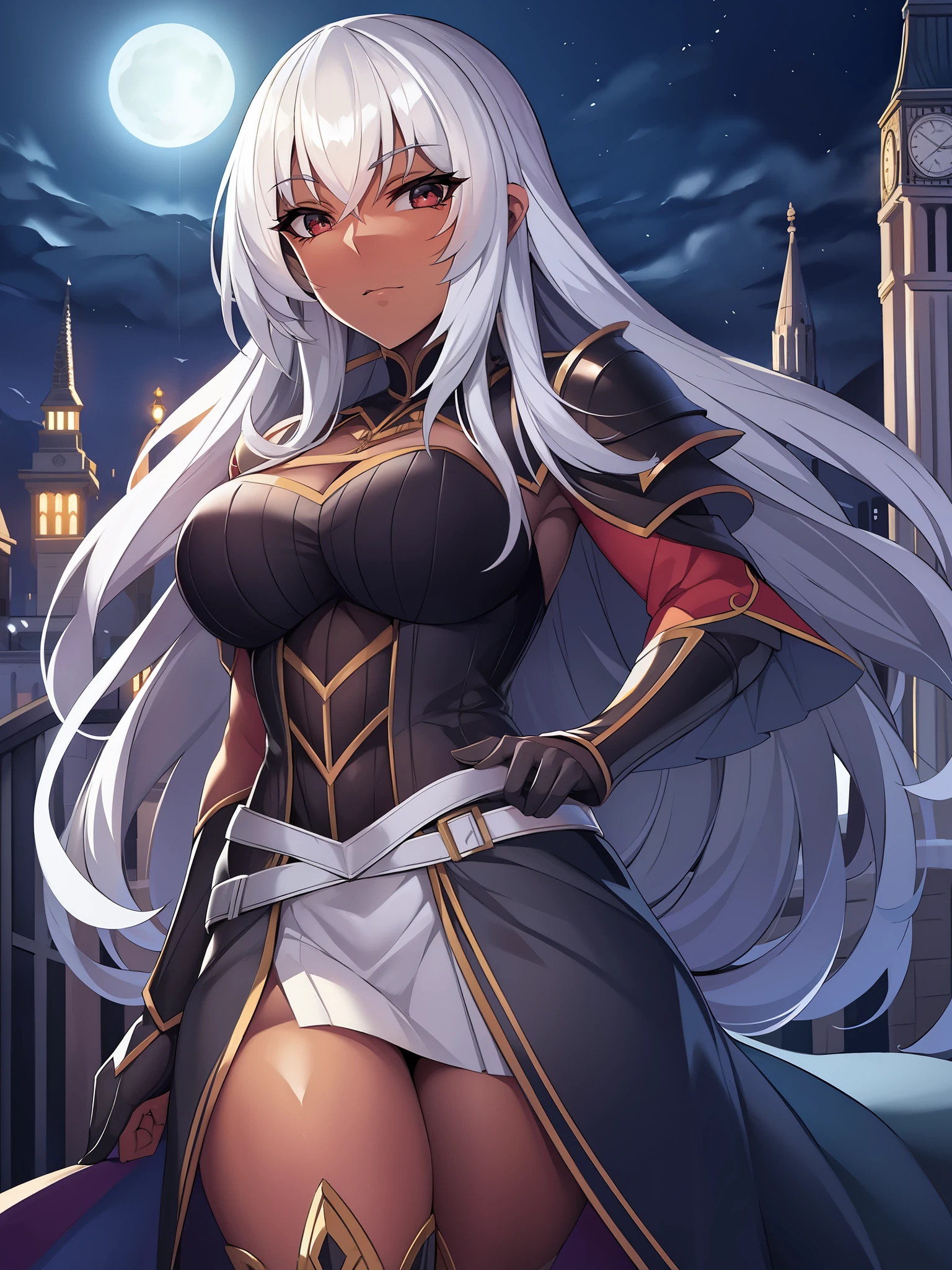 black knight, citadel at night, Gothic Realistic ,4K, brown skinned, straight white hair