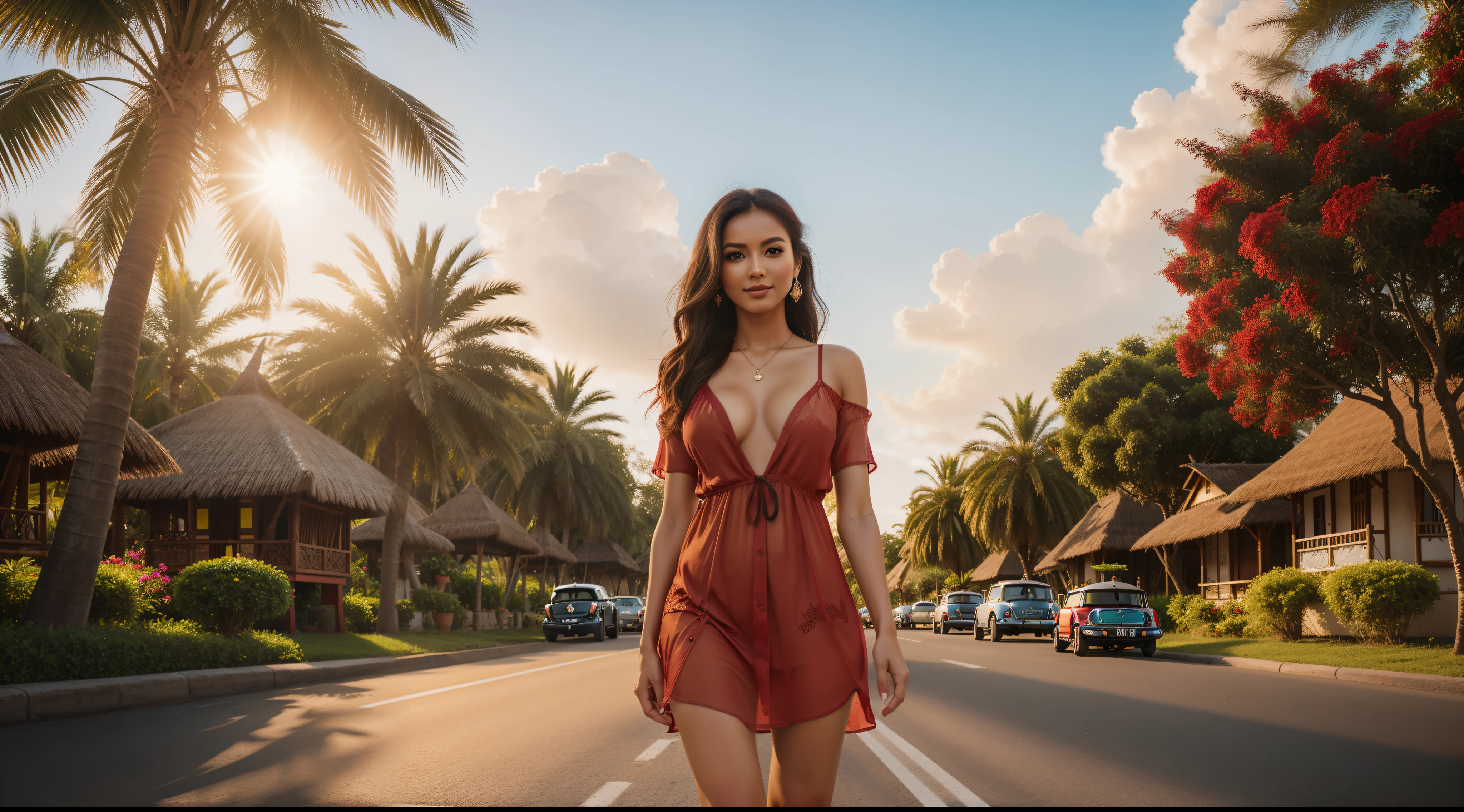 ((a girl (stand:1.2) (alone:1.6) on the road)),((full-body portrait:1.2, cinematic-shot)),(best quality,4k,8k,highres,masterpiece:1.2),ultra-detailed,(realistic,photorealistic,photo-realistic:1.37),(beautiful and aesthetic:1.2),(film grain:1.3).

[(1girl),(solo),((1 person)),(19years-old),[Raiana-Elizabeth-Dilla],pearl skin,(skin pores:1.1),beautiful detailed eyes,beautiful detailed lips,extremely detailed eyes,longeyelashes,extremely detailed face and skin texture,(skin texture:1.1),black hair,tall and slender body,(192cm tall),thin and delicate figure,graceful posture,flawless skin,defined abs,perfect curves,feminine appearance,beautiful long legs,embodying elegance and beauty,(cleavage breasts,large breasts:1.4),((wearing a sexy see-through ((ultra-short ((red)) bohemian-style mini-shirt-dress)):1.4),extremely detailed and realistic (red) clothes,(shiny skin),((sharp focus:1.5)),(earringeathers:1.5),(happy expression,full smile)].

[Indonesian country road,vibrant green rice fields,verdant tropical landscape,bright blue sky with fluffy white clouds,sunlight filtering through the tall palm trees,soft warm breeze,traditional wooden houses in the background,colorful flowers blooming along the road,carrying a woven basket filled with fresh fruits,butterflies dancing around her,peaceful and serene atmosphere,harmonious blending of nature and culture,rich and vibrant color palette, with warm earth tones and pops of bright colors,soft golden hour lighting,highlighting the girl's natural beauty and illuminating the surrounding scenery].

Official art,extremely detailed,Angelic ethereal beauty,award-winning photography,professional photography,depth-of-field.