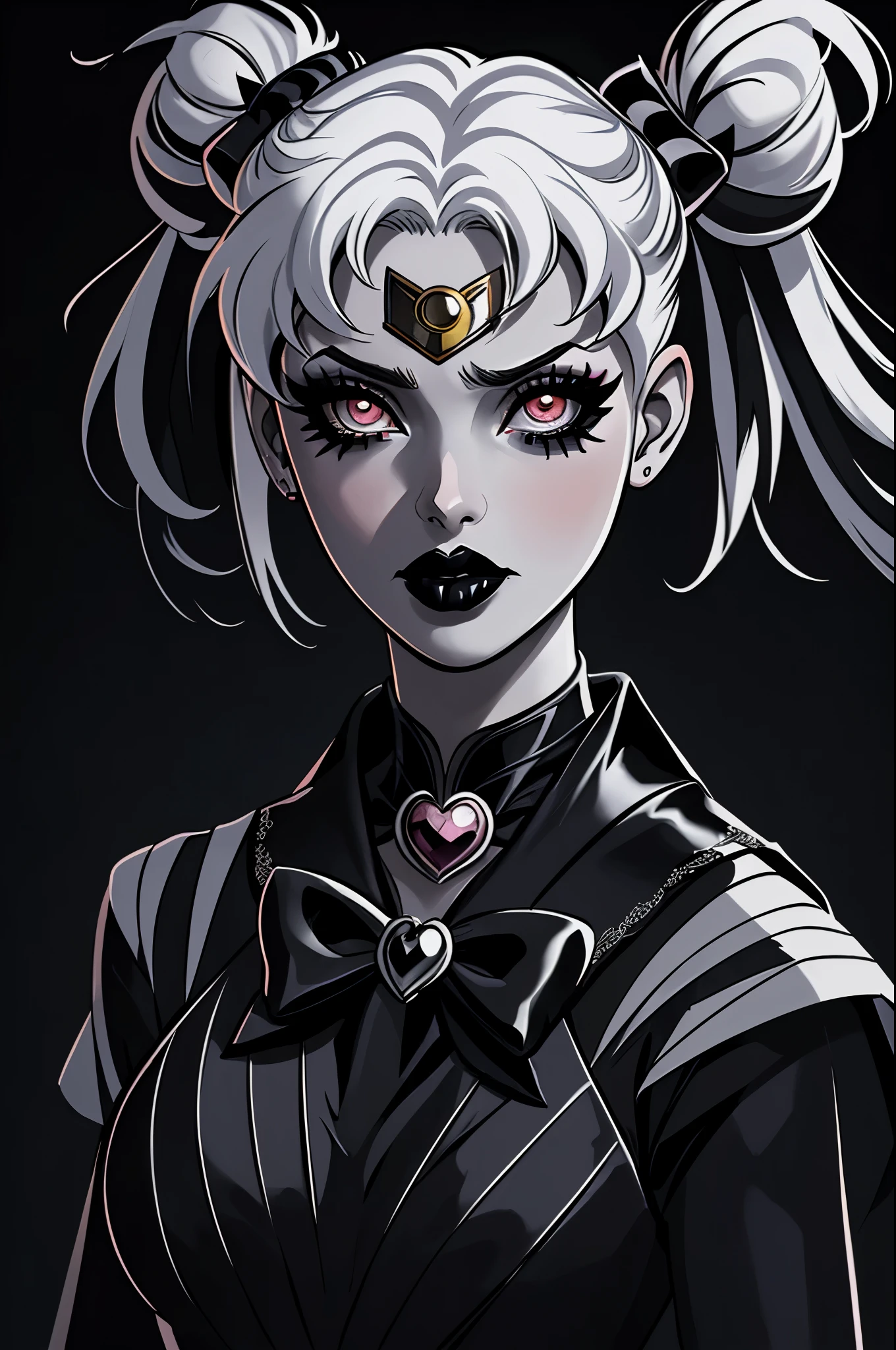 masterpiece, best quality, 1girl, gothic, black lips, solo, black hair, makeup, twin tails, hair buns, sailor moon, multicolored hair, white hair, bangs, eyeshadow, hair bow, bow, lipstick, two-tone hair, fishnets, mascara, black background, hair ornament, ultra-detailed,(extreme detail description, professional, bokeh, landscape, horror, anime, photography, subtle lighting), illustration, vivid colors, portraits, studio lighting, sharp focus, physically-based rendering, horrified color palette, dramatic lighting.