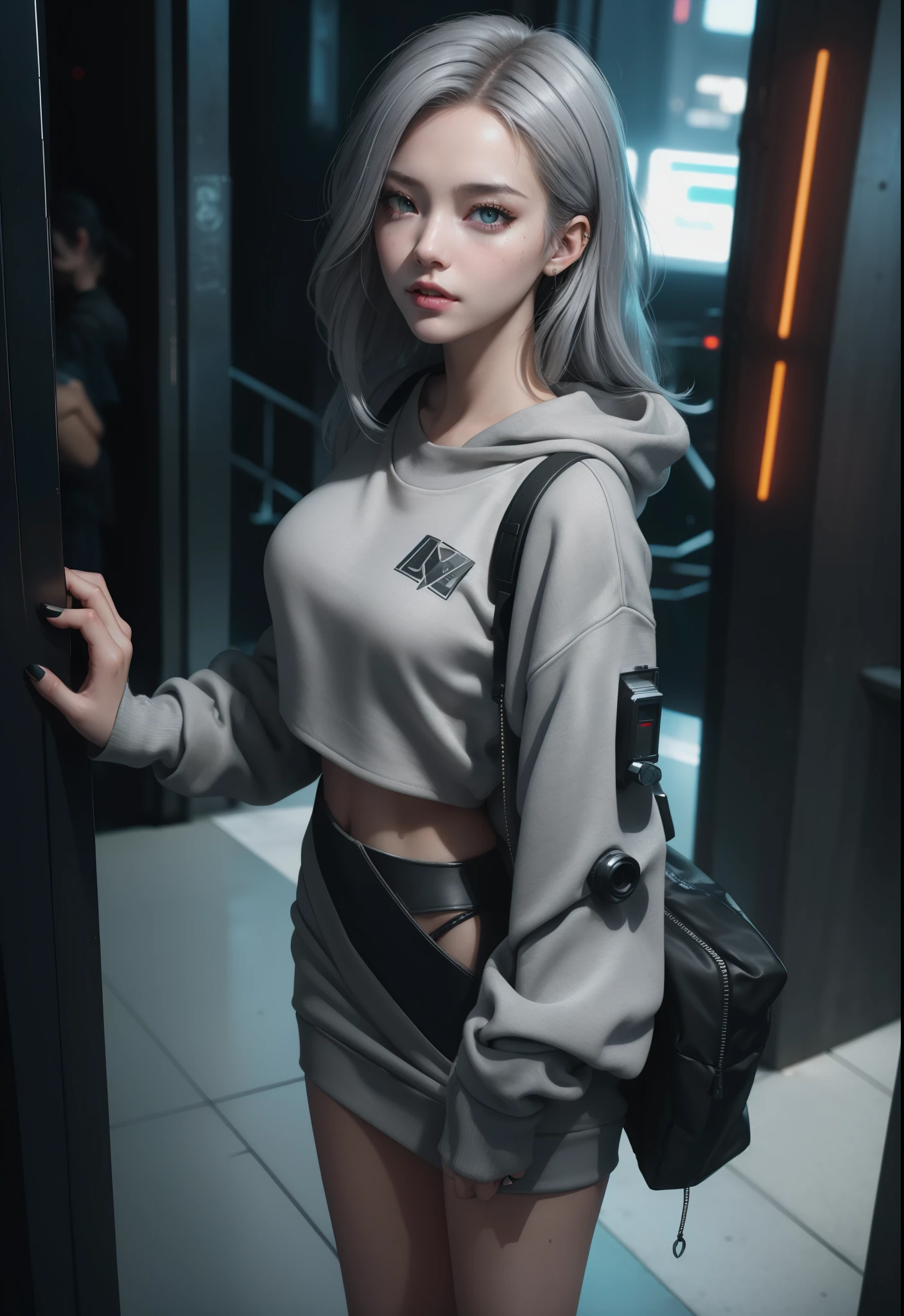 Photo from a high angle of a chic young woman in the style of cyberpunk, realistic skin texture, Looking Up, gray sweatshirt, posing in the club, 1 / 2 Exterior Finishes, 8 5mm art lens, F 1. 2, sharp-focus, 8K High definition, insanely detailed, Intricate, elegant, Artists Stanley Lau and Cyberpunk