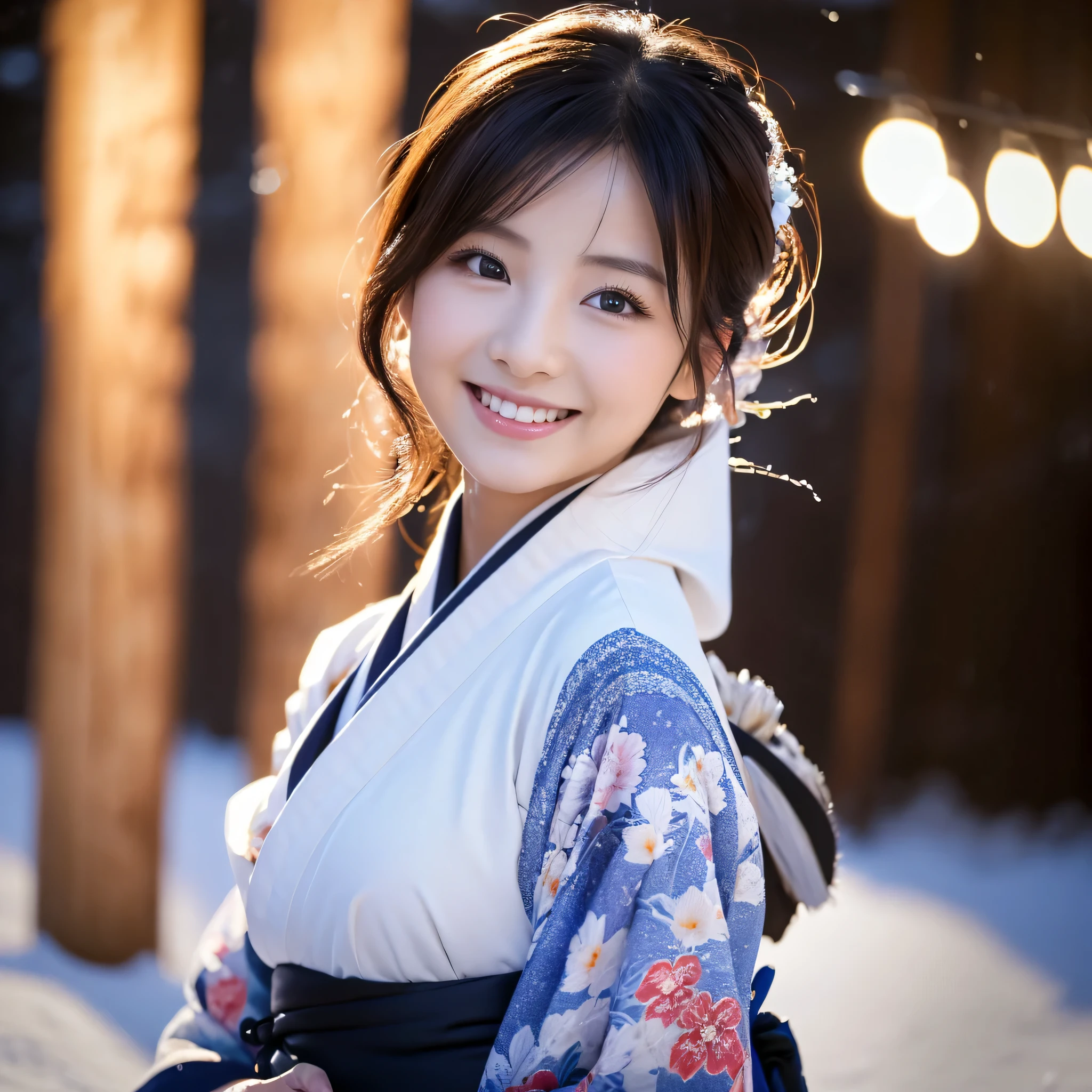 (Super beautiful woman in kimono)、((best qualtiy、8k masterpieces:1.3))、foco nítido:1.2、(ultra beautiful faces:1.0)、(shinny skin:1.0)、photos realistic、A dark-haired、Video Lighting、High-definition eyes and face、Video Lighting、Japanese actressl、from the front side、medium breasts、With a happy smile、Slender Abs Beauty、Whole body、wearing kimonos、In a snowy landscape in the middle of winter、highest grade obi
