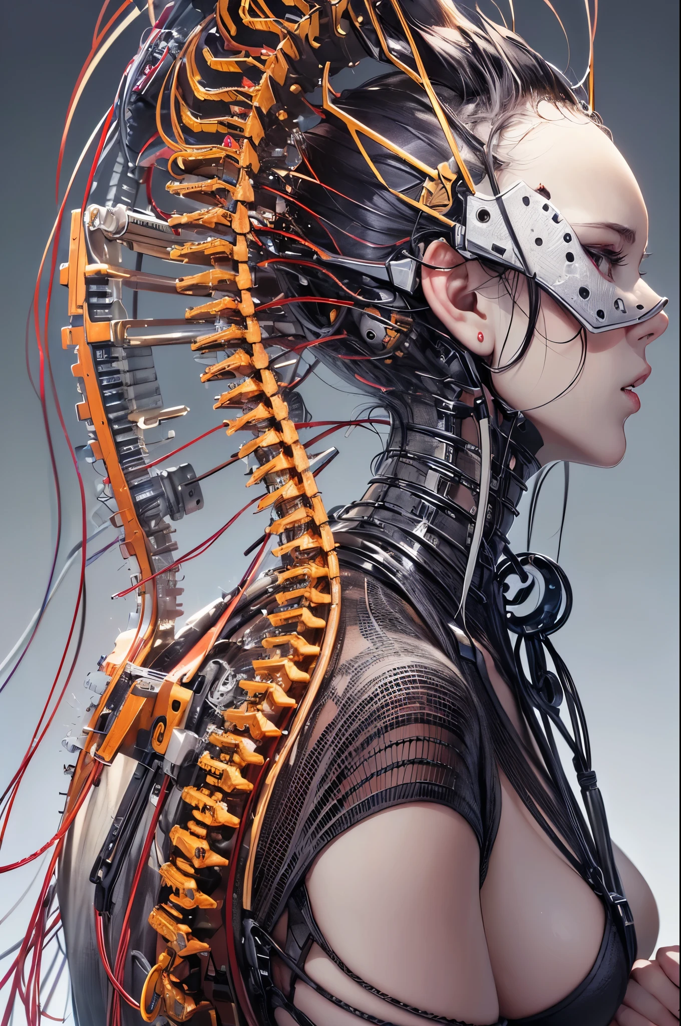 (((masutepiece))), (((Best Quality))), ((Ultra-detailed)), (High Definition CG Illustration), ((extremely delicate and beautiful)),(From Side),Cinematic Light,((1mechanical girl)),Solo,Full body,(Machine-made joints:1.2),((Mechanical marginal vessels connected to tubes),(mechanical vertebra attaching to the back),((mechanical cervial attaching to neck)),(Sitting),deadpan,(wires and cables attaching to neck:1.2),(wires and cables on head:1.2)(Character Focus),Science fiction,White background, ighly detailed,Colorful,highest details