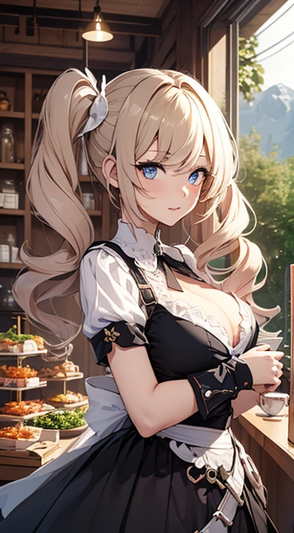 Barbara \(genshin impact\), barbara, genshin impact, top-quality、Top image quality、​masterpiece、girl with((18year old、Waitress costume、Best Bust、Bust 85、a blond、twintails hair、Blue eyes、open chest wide、Valley、Happiness、Black wristband on wrist、A slender、耳Nipple Ring、The wind blows、Hold out the menu)）hiquality、visualart、Background with((tea shop))、masutepiece、