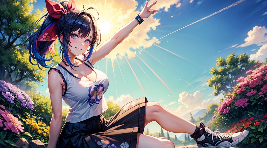 1girl, solo, village, trees, sun, clouds, ((colorful hair)), ponytail, large breasts, ((floral sleeveless T-shirt)), cleavage, blue eyes, black skirt, grin, looking at the viewer, ((standng)), hair ribbon, wrist watch, sport shoe