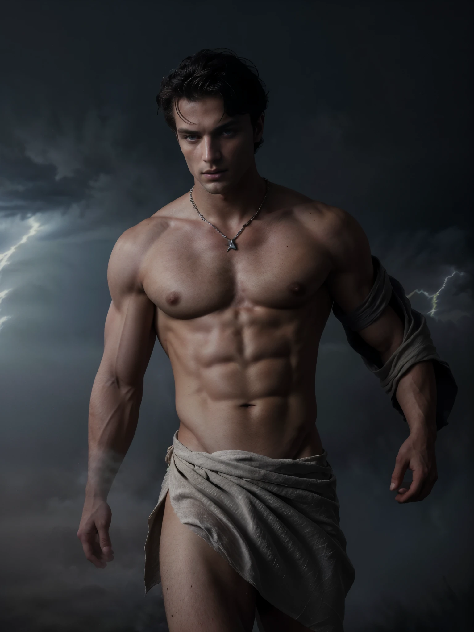 ((masterpiece)),((best quality)),8k, high detailed, ultra-detailed, Stylish Pose, real skin texture, dark cinematic lighting, 24 year-old Italian male model, (handsome italian:1.8), cute looking, divine look, powerful light blue eyes, Zeus god, god of thunder, Jupiter, godly, , bending electricity, displaying the ability to manipulate lightning, creating massive lightning, white pale skin, roman god physic, intense blue eyes, dry hair dry short brown messy hair, strong jawline, masculine, muscular, defined fit body, hairless chest, shirtless, pantless, open sea, sinister aesthetic, black storm clouds, arm bracelet. ( lightning:1.6) clouds, (thunder:1.5), walking towards the camera, (tule fog:1.6), (in the middle dense fog:1.7), (night dark storm:1.5), barelegged, barefoot, (antique linen spartan loincloth:1.3), white linen antique draped cloth skirt, (golden chain in a roman loincloth),,,, dim light, dark atmosphere, cinematic lighting, Depth of field, award-winning photography, elegant, hyperrealistic, octane render, unreal, high definition, 8k resolution, highly detailed, 8k uhd, professional lighting, photon mapping, radiosity, physically-based rendering