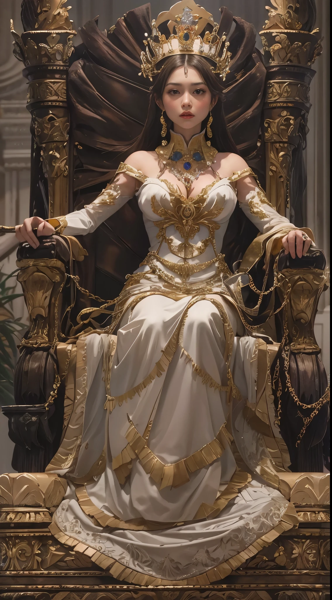 High quality, masterpiece, 8k, 1 female, saber, yellow hair, blue eyes, perfect body, beautiful face, wearing sexy dress, sexy, sitting sexy on the throne, spread one leg, throne, In the beautiful palace, beautiful palace, color full