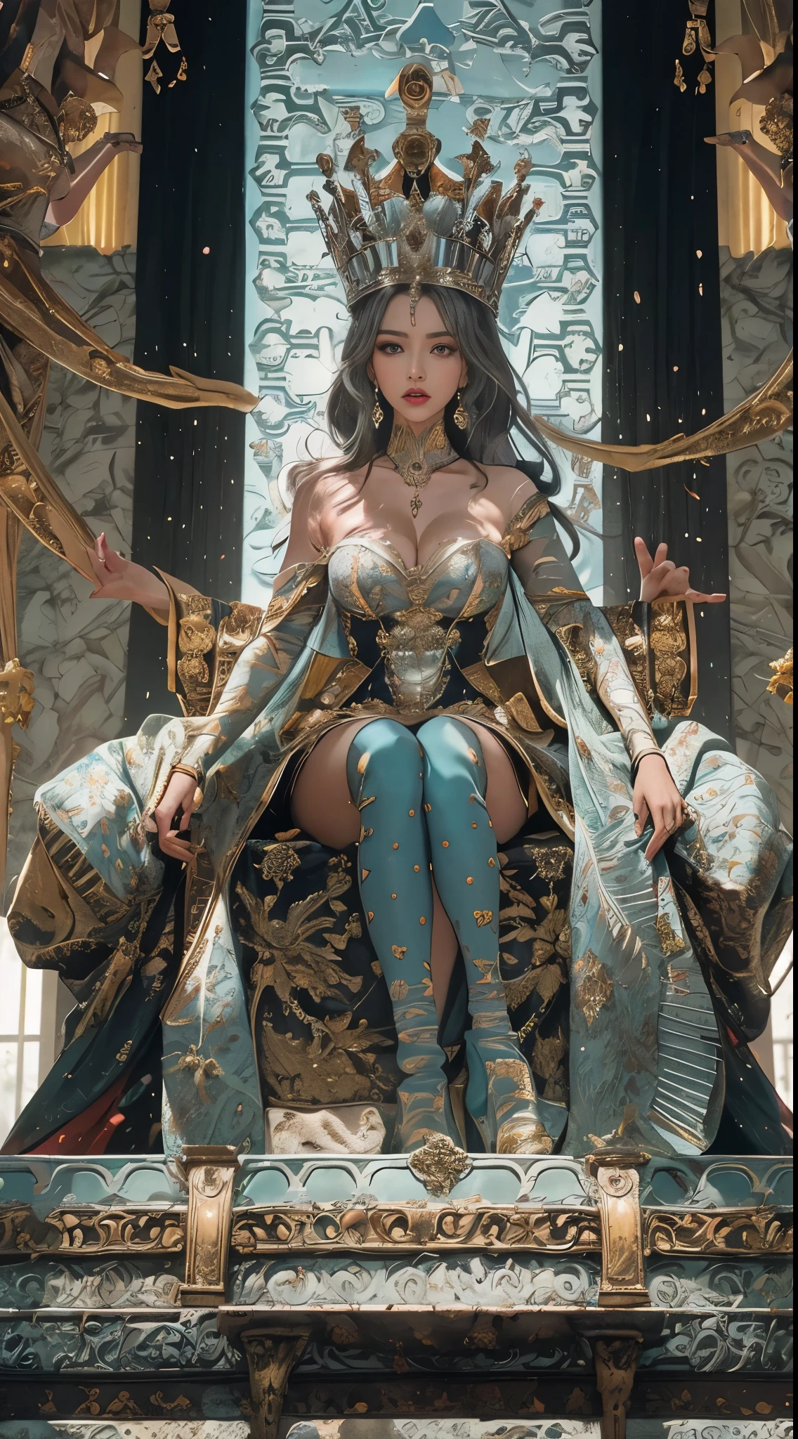 A Western-style queen, on an extremely high dais, is furiously reprimanding her subjects. She is looking down upon them with an intense and commanding presence. Her expression is fierce, her posture embodies dominance and authority. The scene is set in a grand throne room, where her subjects are below, gazing up at her with a mixture of fear, respect, and awe. The image captures the queen's power and the high dais emphasizes her elevated status.
