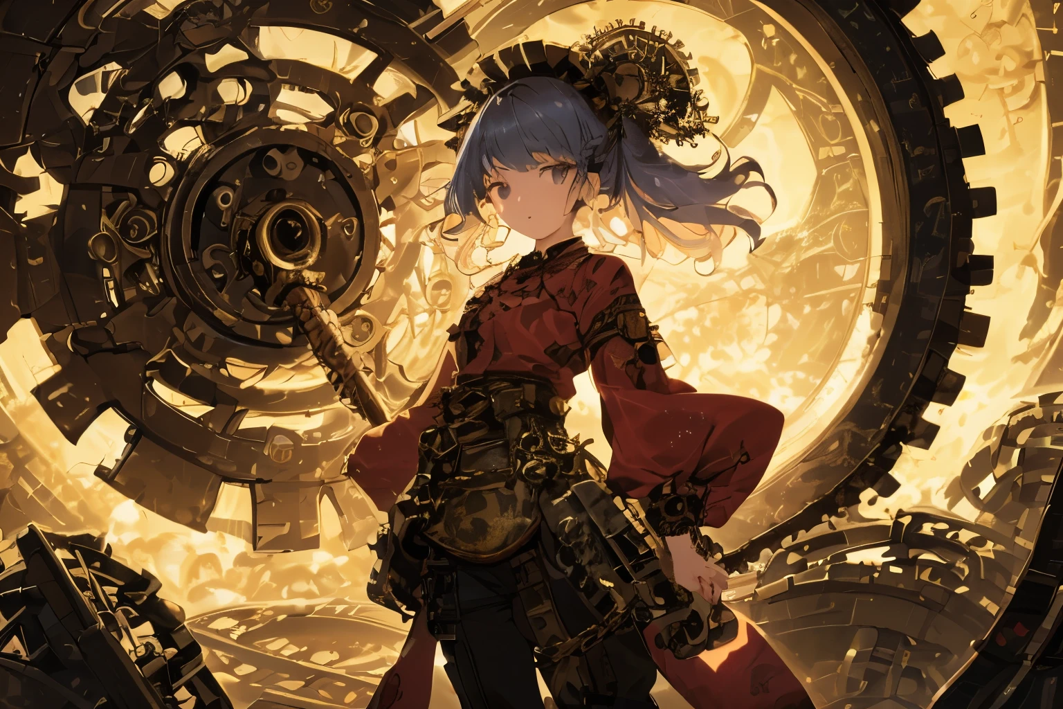 Top image quality、Slender girl、Holding a big hammer、steampunk pants and shirts、The background is quantum space、Countless gears are chained together endlessly、Ukiyo-e-style waves are expressed with light wave illumination using infinite gears....、