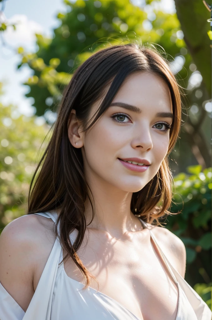 a 22 year old woman, ein elegantes Erscheinungsbild. My brown hair falls in long waves over my shoulders and hangs down at the sides of my breasts, frames my face and highlights my green eyes. Meine vollen, red lips are shaped into a smile. My snub nose is covered with freckles, which contrast with my tanned skin. Meine Augenbrauen sind dick und dunkel, gives me a seductive look. Meine Wangenknochen sind hoch und definiert, und meine Wimpern sind lang und geschwungen. zeigt meine Kurven. The 22-year-old Italian model steht in einer tropischen umgebung mit einem reisfeld im hintergrund. sie ist an einen felsen gelehnt. Ihre Pose ist elegant und entspannt, with the body facing the camera, Gesicht zur seite gewandt. , Ihr Haar ist offen und weht im Wind, and her makeup is light and natural. Die Aufnahme ist weit weg vom Modell, mit der Kamera etwas tiefer positioniert, to highlight their beauty. there is a romantic atmosphere, she laughs and smiles . she seems happy. she has white teeth. hands not in picture. beine sind weit auseinander