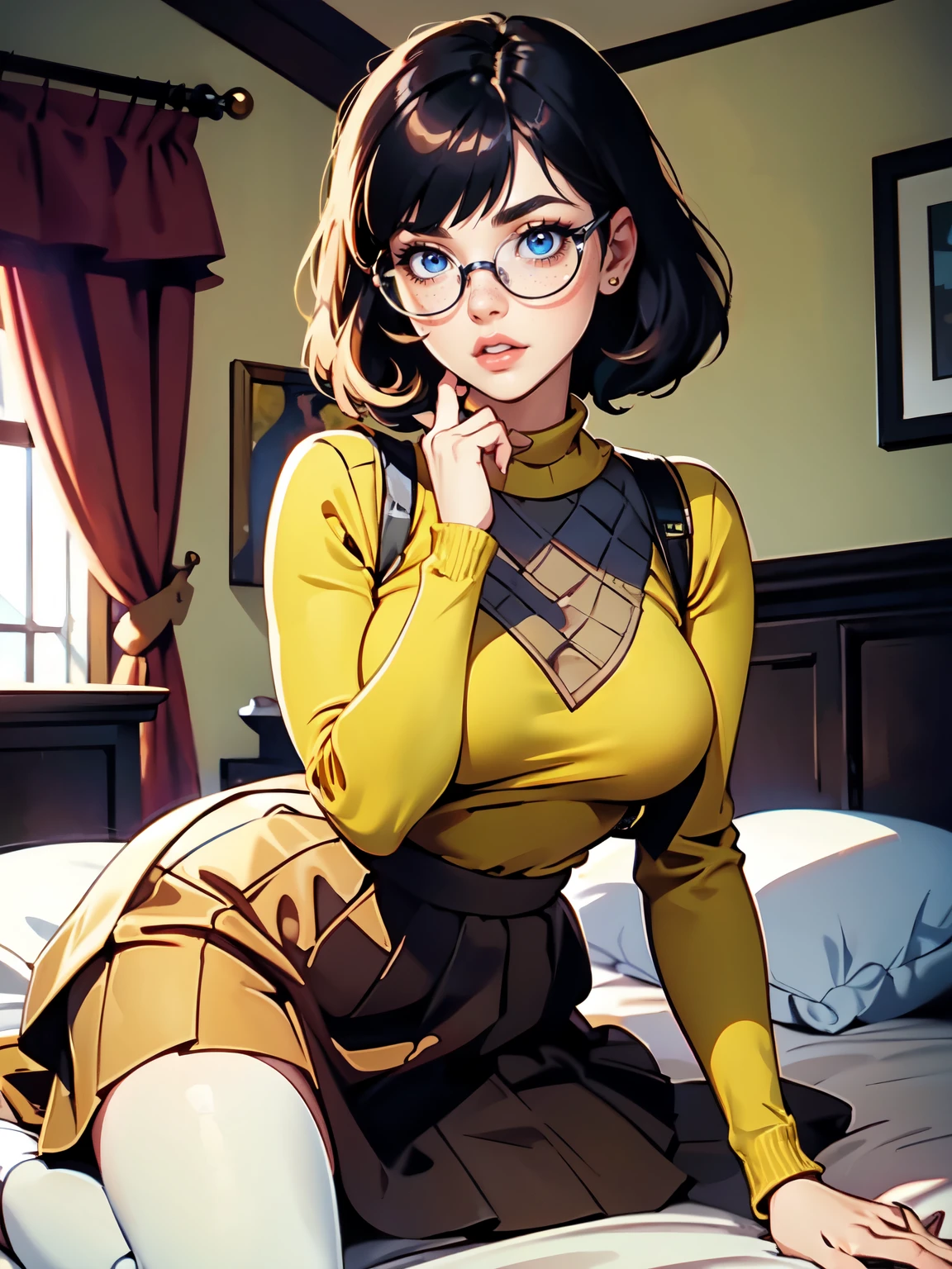 HD, 8k quality, masterpiece, Velma, dream girl, large breasts, beautiful face, minor cheek freckles, kissing lips, short bob hairstyle, long bangs, perfect makeup, realistic face, detailed eyes, blue eyes, brunette hair, eyelashes, slightly open mouth, bedroom, lying down on bed, thicc body, leaning forward, eyes at viewer, mustard-yellow top, knitted turtle neck sweater, clear lens glasses, red skirt, schoolgirl skirt,