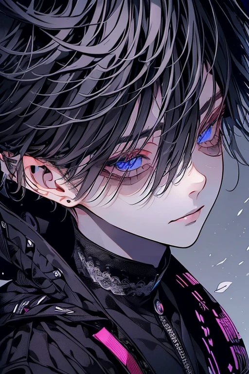 (masutepiece), (Best Quality), Highly detailed, 1 boy, Solo Focus, Perfect face, Beautiful face, extra detailed face，(Gray hair:1.5)，(eyes as black as night:1.4)，(Black long eyelashes:1.4)