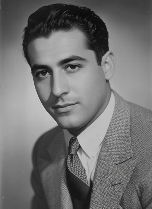 Una Foto en blanco y negro de un hombre con traje y corbata, Hombre guapo, Farid Ghanbari, Eytan Zana, 1948 foto, 1940 imagen, Lorenzo Vitturi placeholder image, inspirado por Aniello Falcone, inspired by Enrique Tábara, Christopher C. sotavento, Photo from the 1940s, sayem reza
