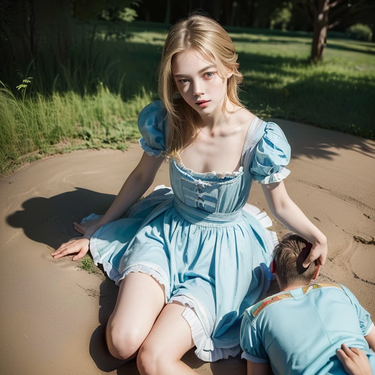 (masterpiece, dreamlike, hyperrealistic:1.35), (1boy 1girl, alice defeats lewis carroll:1.5)