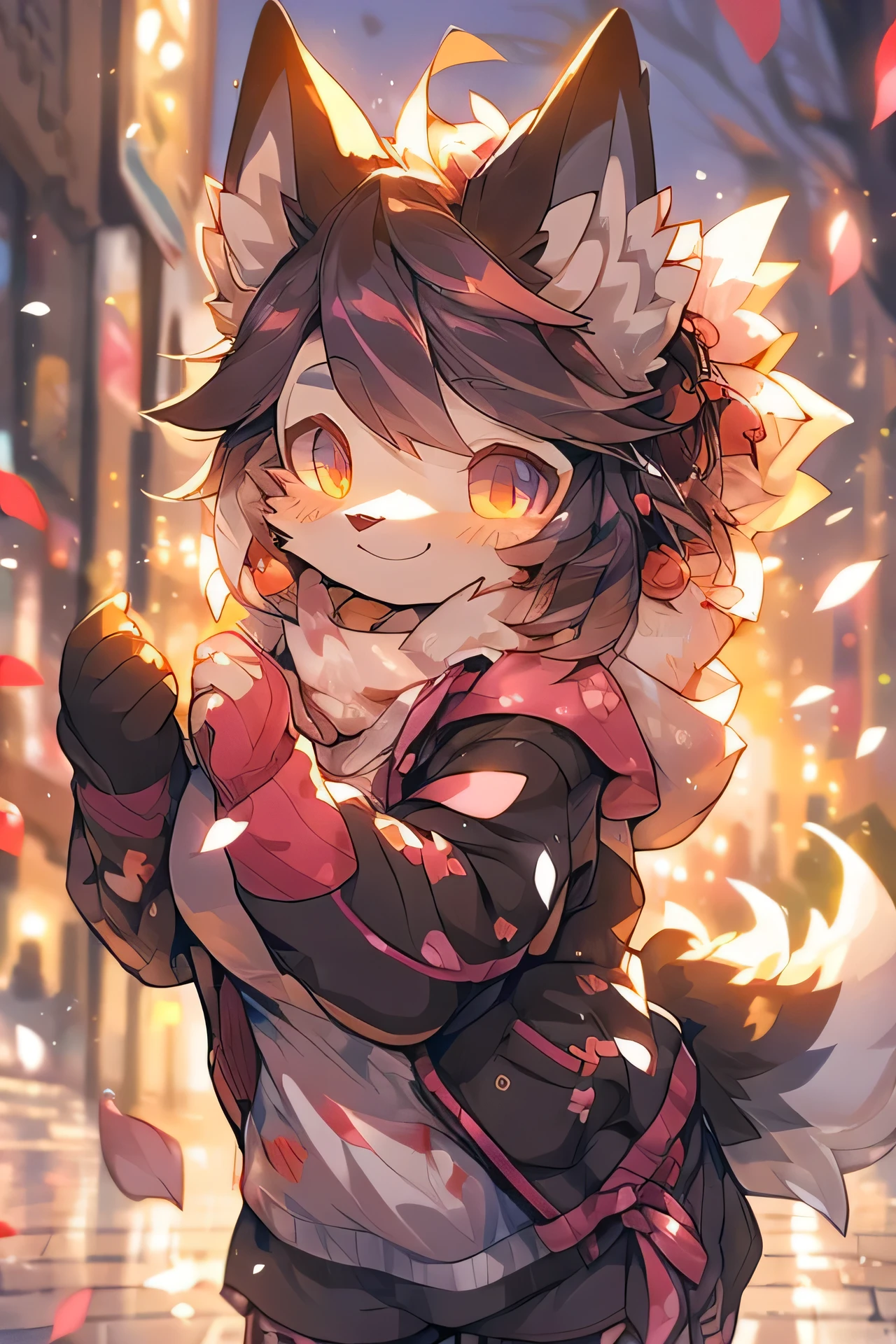 solo, female, white wolf, (komono，furry, anthro), city, parkour, cherry blossom, dynamic lighting, twilight, glow, depth of field, top-quality，best qualityer，rzminjourney，vectorial art, , niji, round form， (humanoid wolf:1.2), Smiling warmly，