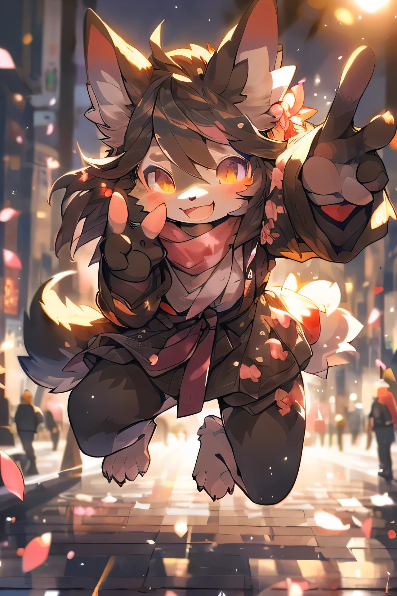 solo, female, balck wolf, (komono，furry, anthro), city, parkour, cherry blossom, dynamic lighting, twilight, glow, depth of field, top-quality，best qualityer，rzminjourney，vectorial art, , niji, round form， (humanoid wolf:1.2), Smiling warmly，Flashing friendly peace signs, detailed illustration