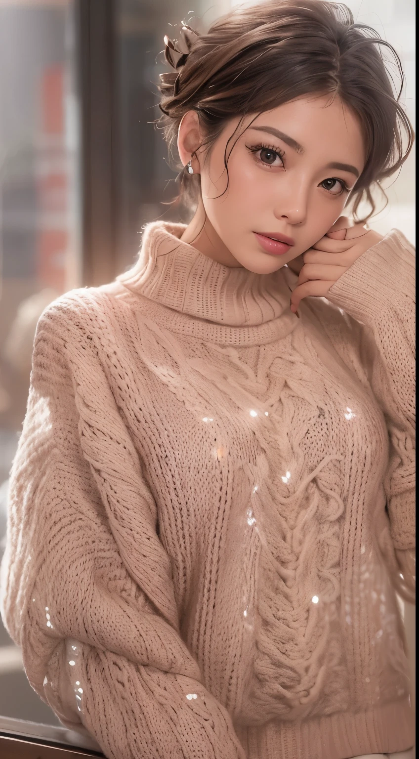 stand in front window, in the room, snowy background, japanese woman, (pale pink oversized knitted sweater:1.upils sparkling, (brown short hair), (thick red rips), pink cheeks, looking at viewer, depth of field, f/1.8, anatomically correct, textured skin, super detail, high details, high quality, super detail, high details, high quality, best quality, highres