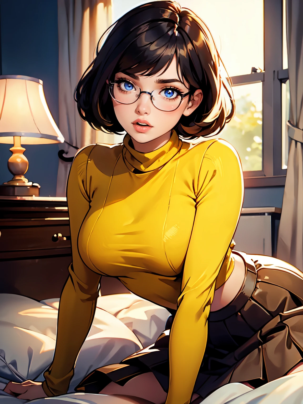 HD, 8k quality, masterpiece, Velma, dream girl, large breasts, beautiful face, blushing, kissing lips, short bob hairstyle, long bangs, perfect makeup, realistic face, detailed eyes, blue eyes, brunette hair, eyelashes, slightly open mouth, bedroom, lying down on bed, thicc body, leaning forward, eyes at viewer, mustard-yellow top, knitted turtle neck sweater, clear lens glasses, red skirt, schoolgirl skirt,