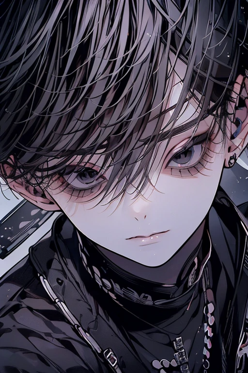 (masutepiece), (Best Quality), Highly detailed, 1 boy, Solo Focus, Perfect face, Beautiful face, extra detailed face,(Gray hair:1.5),(eyes as black as night:1.4),Black clothe,(long eyeslashes:1.4)