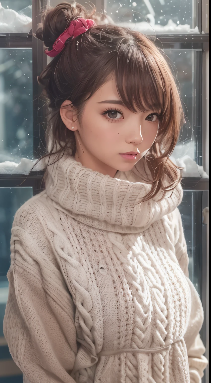 stand in front window, in the room, snowy background, japanese woman,  (white oversized knitted sweater:1.3), sparkling, (brown short hair), (thick red rips), pink cheeks, looking at viewer, depth of field, f/1.8, anatomically correct, textured skin, super detail, high details, high quality, super detail, high details, high quality, best quality, highres