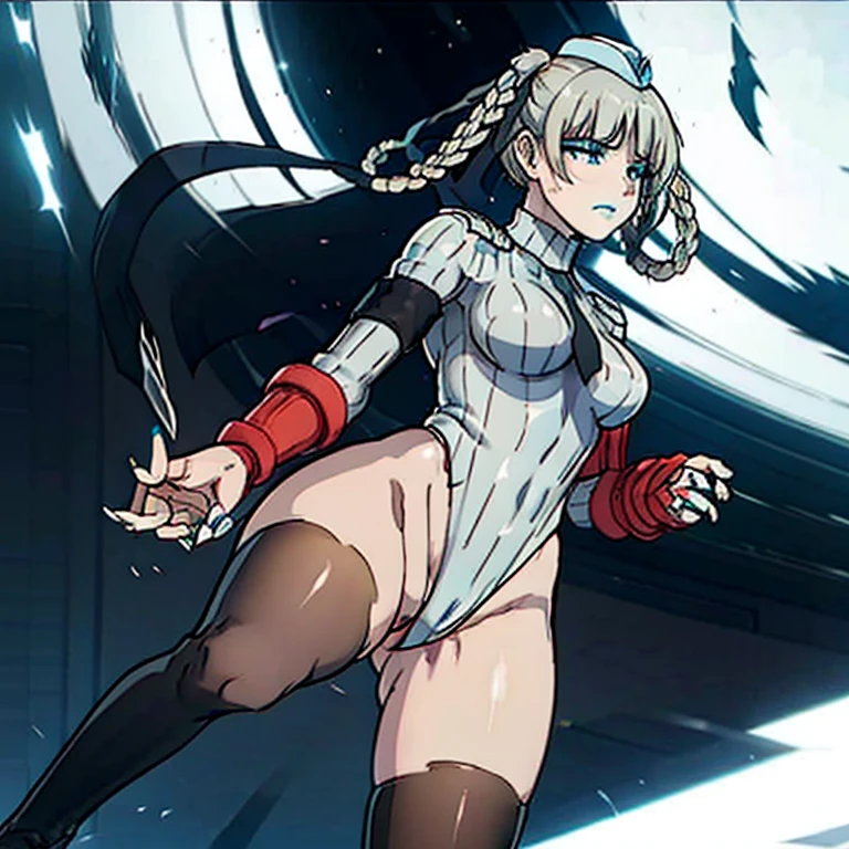 ultra-detailed, Explicit, Beautiful body, Beautiful Nose, Beautiful character design, perfect eyes, perfect face, ultra highres, 4K, beautiful legs, perfect legs, Nice hands, Perfect hand, Masterpiece, Best Quality, Highly detailed, illustration, absurdres, street fighter, doll suit, shadaloo doll, dollsuit, girls, multiple girls, expressionless, blank eyes, looking at viewer, red gloves, emotionless, black latex, corrution, mind control, female combatant, full body, hypnotized, unhappy trance, full body suit, ribbed bodysuit, both arms at side, obey, perfect female body, extremely glossy latex, hypnosis, hypnoLora, empty eyes, Mind control device, poses, submissive_pose, Slave, hat, necktie, stand up straight, standing, standing at attention, hat, necktie, belt, latex, ribbed bodysuit, thighhighs, garter belt, Fighting Stance, large breast, thigh boots, grey hair, braid, blue eyes, kekegurui, Kirari Momobami, blue lipstick, blue lips