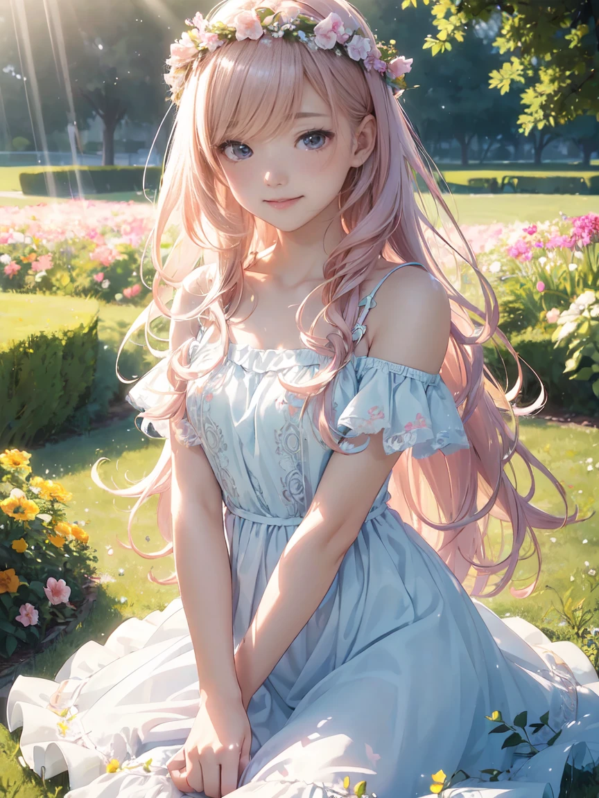best quality, masterpiece, high_res, 1girl, hair ornament, necklace, jewelry, Beautiful face, tyndall effect, photo realistic, rim lighting, two tone lighting, (high detailed skin:1.2), 8k uhd, dslr, soft lighting, high quality, volumetric lighting, candid, Photograph, high resolution, 4k, 8k, Bokeh, medium breasts, absurdres, white hair color, view of the body from head to knees, blue eyes color, pink color dress,
