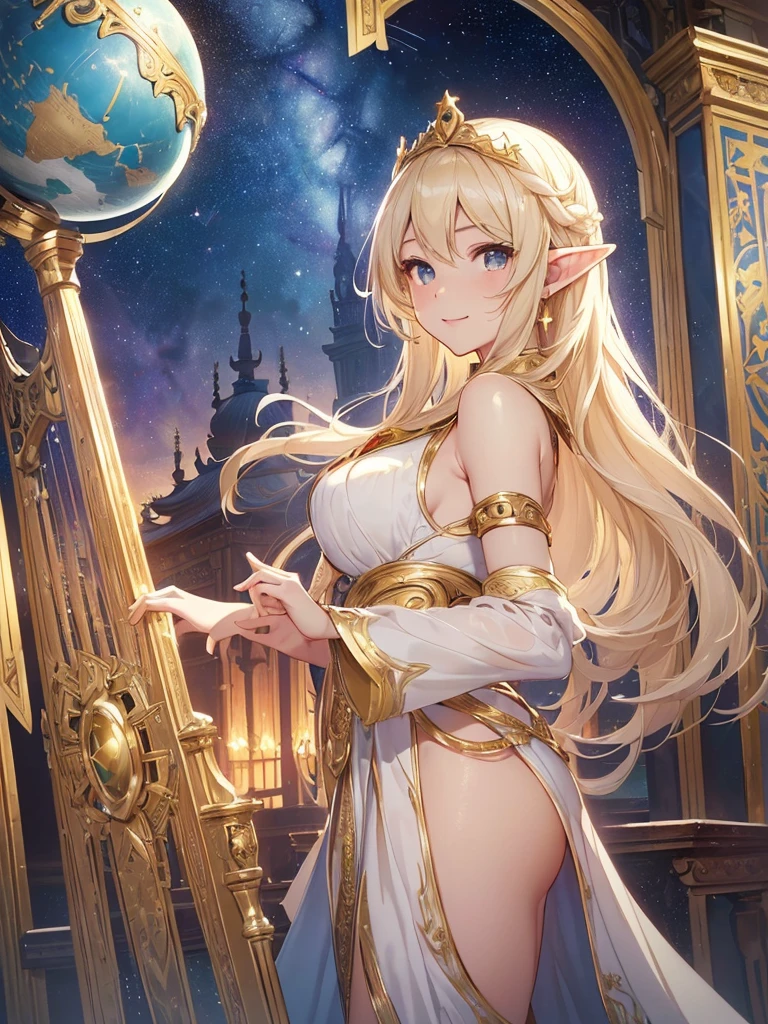 top-quality、Top image quality、​masterpiece、Super beautiful elf beauty((24 year old、Best Bust、big bast、Bust 90,beautiful long ironed hair、a blond、globe、A sexy、A slender、a closeup、Esbian、beautiful tiara、hiquality、Beautiful Art、Background with((starrysky)))masutepiece、visualart、depth of fields、low angle of morning sky、、Elven ears、、light magic、Space Knight、harp melody🎵、Happy smile、Gentle light、、Beautiful legs that are gentle on the skin、、、Number of fingers to achieve precise finger movements、ticker beautiful decorative underwear、elegent、Mystical　Rosa、　Heaven、Marble pillars, beautiful dressy、magnificent marble dome、巨大なglobe、religious painting、holding the earth、Temple of Time、Great watch、hour glass、sundial、moment of creation！myth、alphonse mucha art、art noveau、byzantine art、folding screen picture、gold foil、Raphael、renaissance