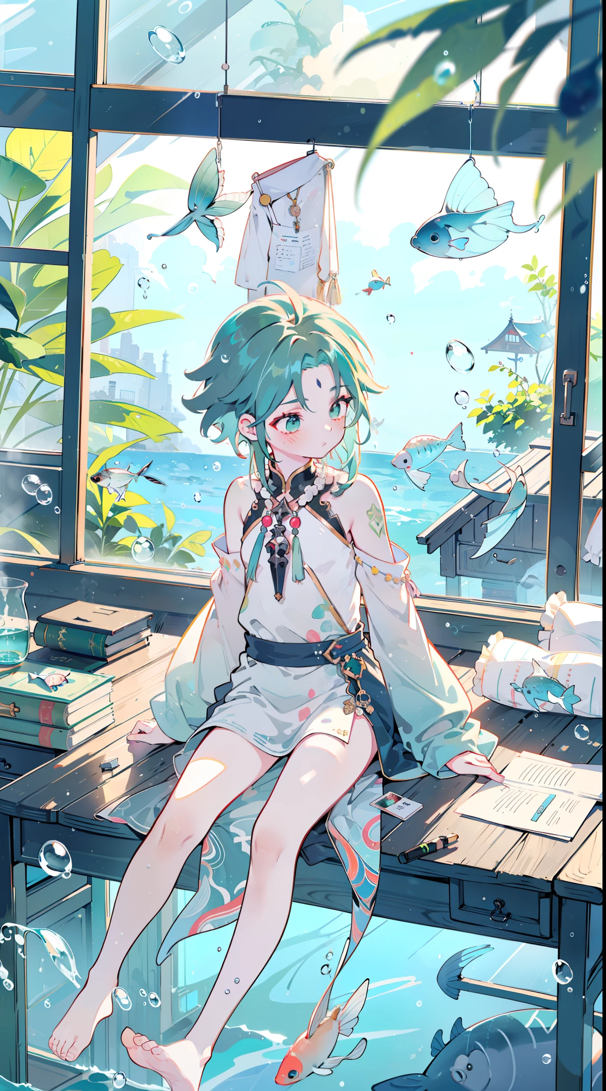 （（（（（（inside jar））））））、A boy with, ((full bodyesbian)), Wendi (genshin impact),brunette color hair, Green eyes, ((((Packed in jars))))、adolable、最small, small, A piece of,(((Packed in jars))), (Eau, Eau泡)