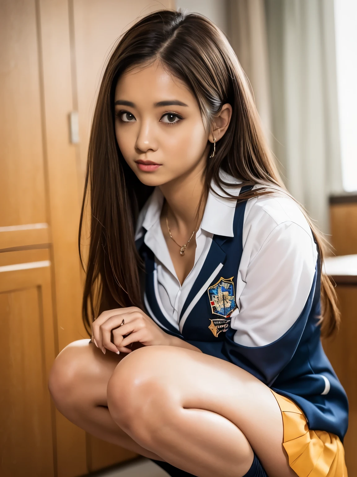 (1ung girls), (extremely detailed beautiful face), great look and best quality:1.4), (Ultra-detailed), (extremely detailed CG unified 8k wallpaper), Highly detailed, High-definition raw color photos, Professional Photography, Realistic portrait, Amazing face and eyes, Pink eyes, (High School Uniform, Pleated mini-skirt:1.3), (High school uniform with wide open chest:1.4), Twin-tailed, Brown hair, Model,  (((Bokeh))), depth of fields, School, crass room, (Squatting:1.2), (Sheer lace panties:1.2), View from below