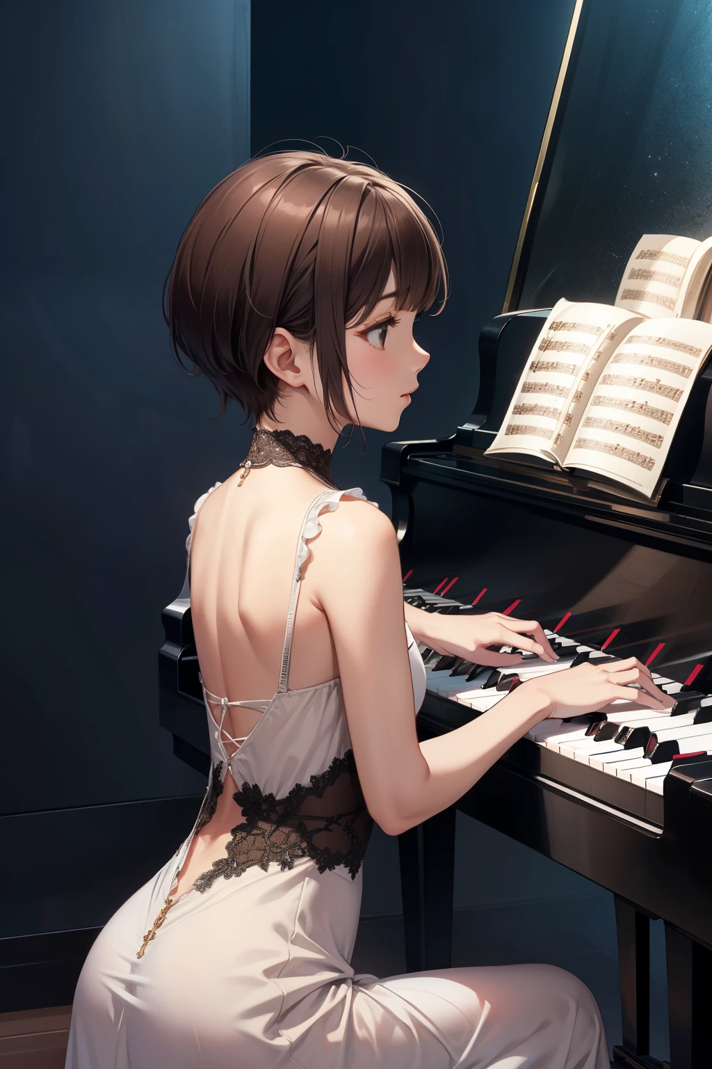 (masterpiece, best quality, high-resolution, ultra-detailed, best quality), detailed body, detailed face,
BREAK
1 woman, narrow waist, brown short hair, black eyes
BREAK
jazz pianist, Maxi dress, grand piano, (piano performance:1.laying piano:1.3), dark blue lighting, small music hall, dark stage,