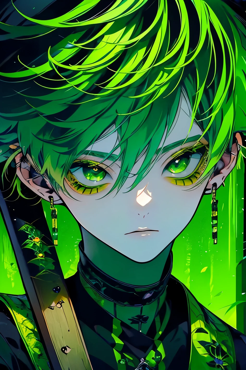(masutepiece), (Best Quality), Highly detailed, 1 boy, Solo Focus, Perfect face, Beautiful face, extra detailed face，(Green hair:1.5)，(Green eyes:1.4)，(eye lashes:1.4)