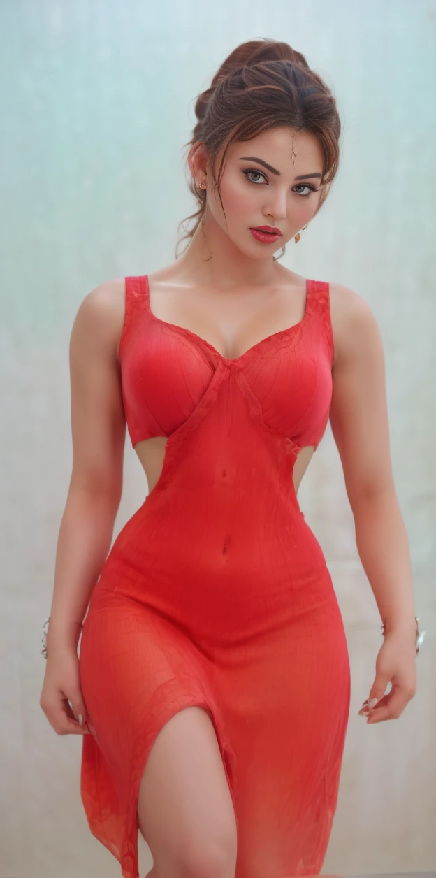 Day scene, close up photo of a sexy Indian maid, merged in a pool, curvy, super stylish red (saree) with wide open breasts, accessories, earrings, necklace, erotic face, 36 yo, ponytail, look at viewer and smile, (cinematic:1.3), intricate details, (ArtStation:1.2)