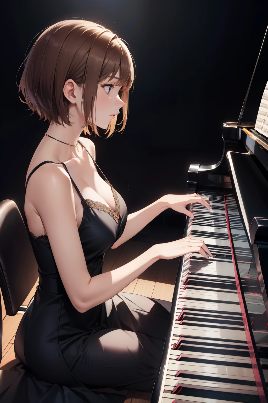 (masterpiece, best quality, high-resolution, ultra-detailed, best quality), detailed body, detailed face,
BREAK
1 woman, narrow waist, brown short hair, black eyes
BREAK
jazz pianist, Maxi dress, grand piano, (piano performance:1.laying piano:1.3), dark blue lighting, dark stage, looking away