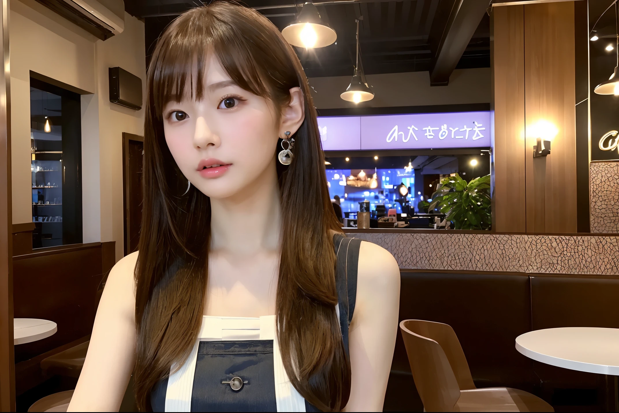 (The ultra -The high-definition:1.5)(ultra-detailliert:1.3) (ultra-quality) (An ultra-high picture quality:1.5) (rialistic photo:1.3) A Japanese Lady 21years old ((detailed and beautiful faces:1.3)) ((realistic skin textures:1.3)) ((Precise, high-quality eyes:1.3)) ((The beauty of detailed and high quality ears, Very fair and transparent skin:1.3)) ((Beautifully groomed long straight hair:1.3)) Complete body beautiful proportion (Thin sleeveless shirt in fabric) long gathered skirt The background is the inside of a cafe at dusk.. Beautiful, Luxurious and stylish interior ((Viewer's Perspective:1.3)) Wet lips ajar Colossal tits ((kawaii))