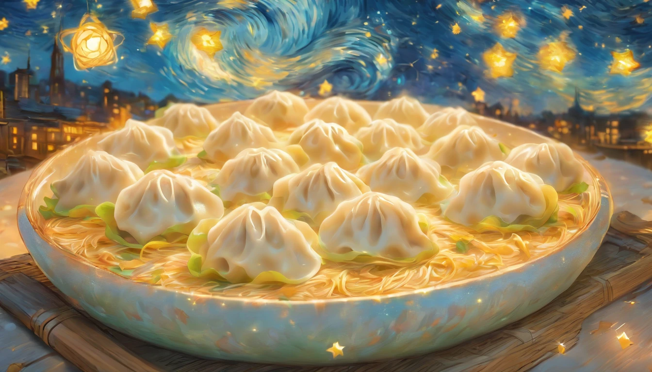 (masterpiece, best quality), a plate of steaming dumplings, in the style of starry night by vincent van gogh