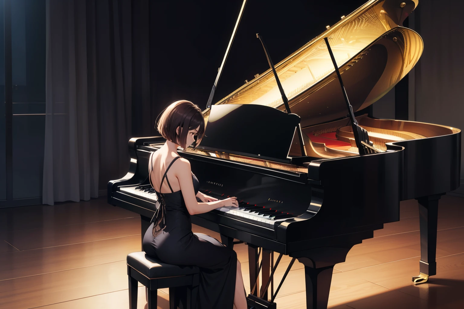 (masterpiece, best quality, high-resolution, ultra-detailed, best quality), detailed body, detailed face,
BREAK
1 woman, narrow waist, brown short hair, black eyes
BREAK
jazz pianist, Maxi dress, grand piano, (piano performance:1.laying piano:1.3), dark lighting, dark stage, from front, looking away