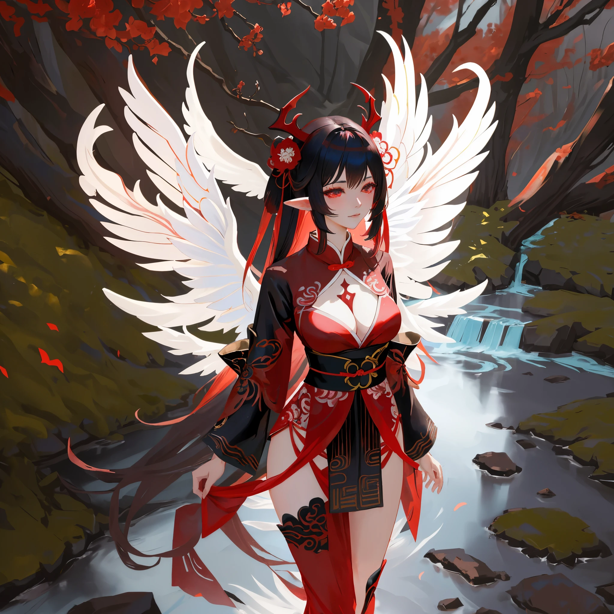 Beautiful detailed eyes, masutepiece:1.2, Best Quality, Detailed and beautiful, very precise details, ultra-detailliert, extra detailed body, Realistic, Extremely delicate and beautiful, extremely beautiful detailed anime face and eyes, extra detailed body, Close-up of a woman in a red dress with wings, Onmyoji, aion, Debiwing, infernal nymph!!!, inspired by Pu Hua, full-body xianxia, crimson attire, blade and soul, alluring mesmer woman, Wearing a red magician's robe, epic angel wings, Cotton Cloud Mage Lobe