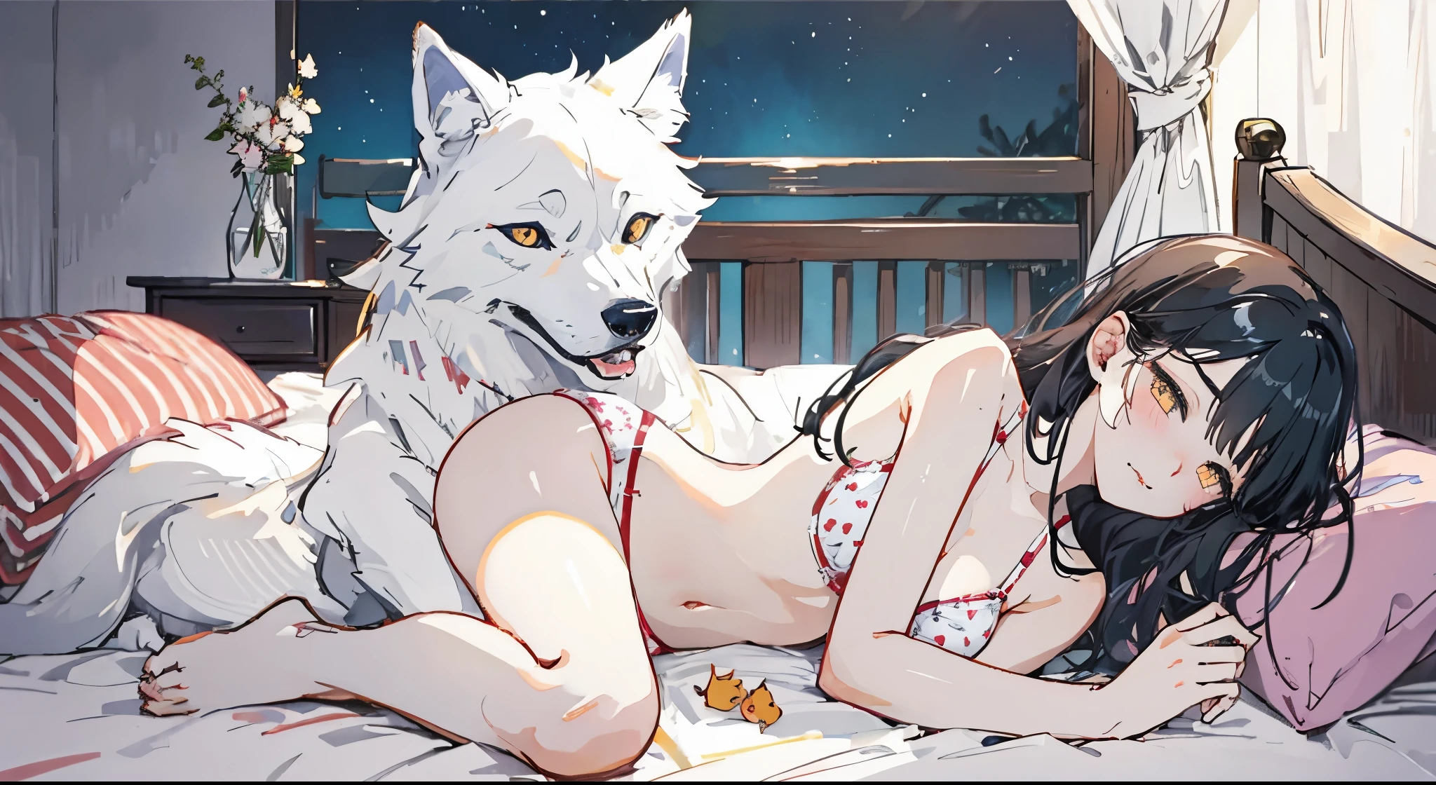 Girl in underwear and wolf on bed in love hotel