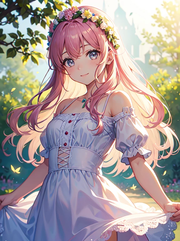 (Best Quality,Ultra-detailed,Photorealistic:1.37),Colorful,Ethereal lighting,Soft pastel tones,Atmosphere of bliss,Flower Garden,Daytime,summer feel,Joyful expression,Cheerful smile,sparkling stars,Sparkling eyes,((Long pink wavy hair)),((Flowing Santa-inspired ruffles and lace dress)),Small butterfly,Dainty floral crown,Innocent beauty,Natural and radiant appearance,Quiet and peaceful environment,Harmony with nature,Playful sunbeams,Delicate features,Dreamy whimsical atmosphere,Fun and enchanting moments.