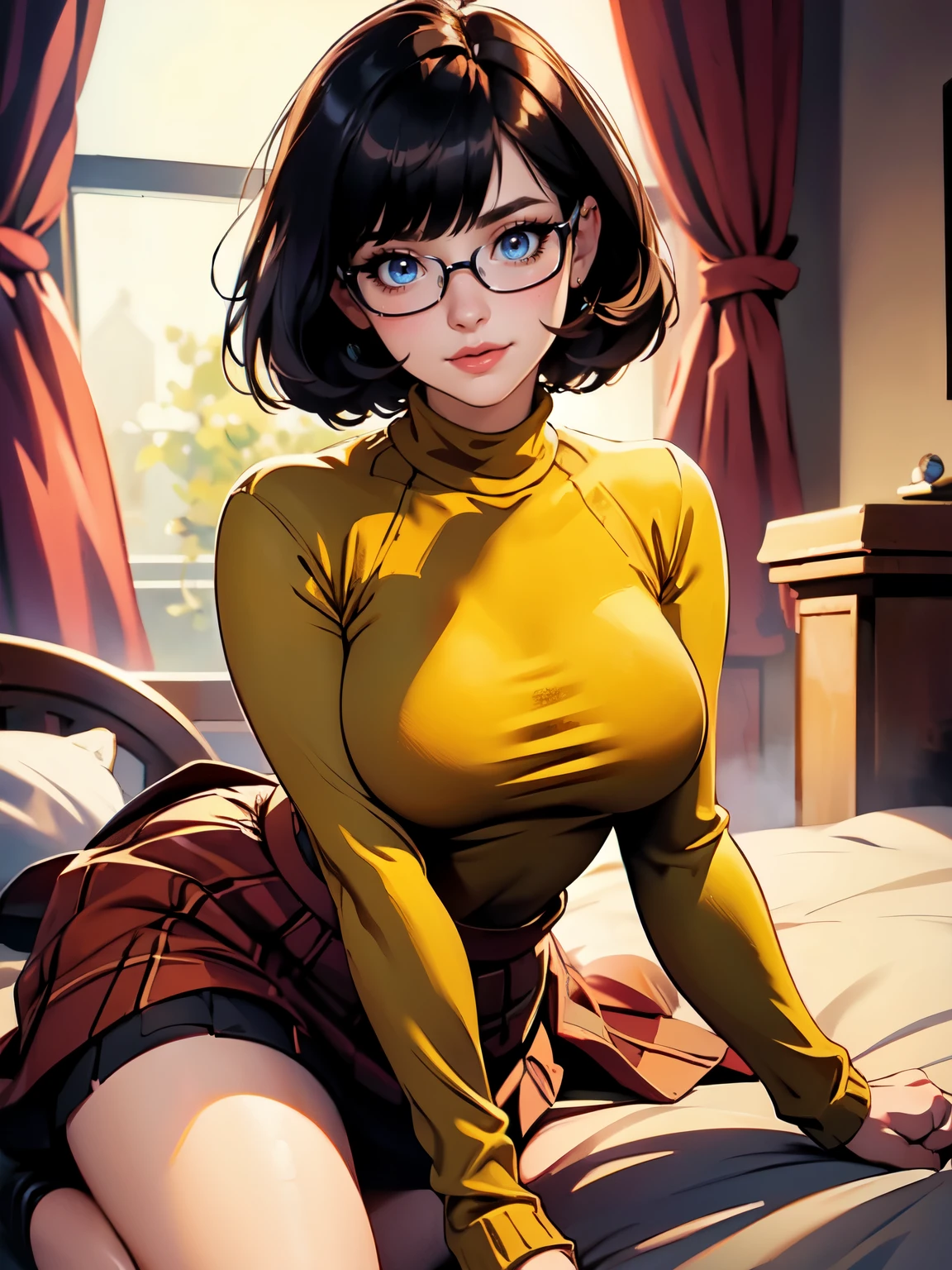 HD, 8k quality, masterpiece, Velma, dream girl, large breasts, beautiful face, blushing, kissing lips, short bob hairstyle, long bangs, perfect makeup, realistic face, detailed eyes, blue eyes, brunette hair, long eyelashes, smiling, spooky bedroom, lying down on bed, thicc body, leaning forward, eyes at viewer, mustard-yellow top, knitted turtle neck sweater, clear lens glasses, cherry-red skirt, schoolgirl skirt,