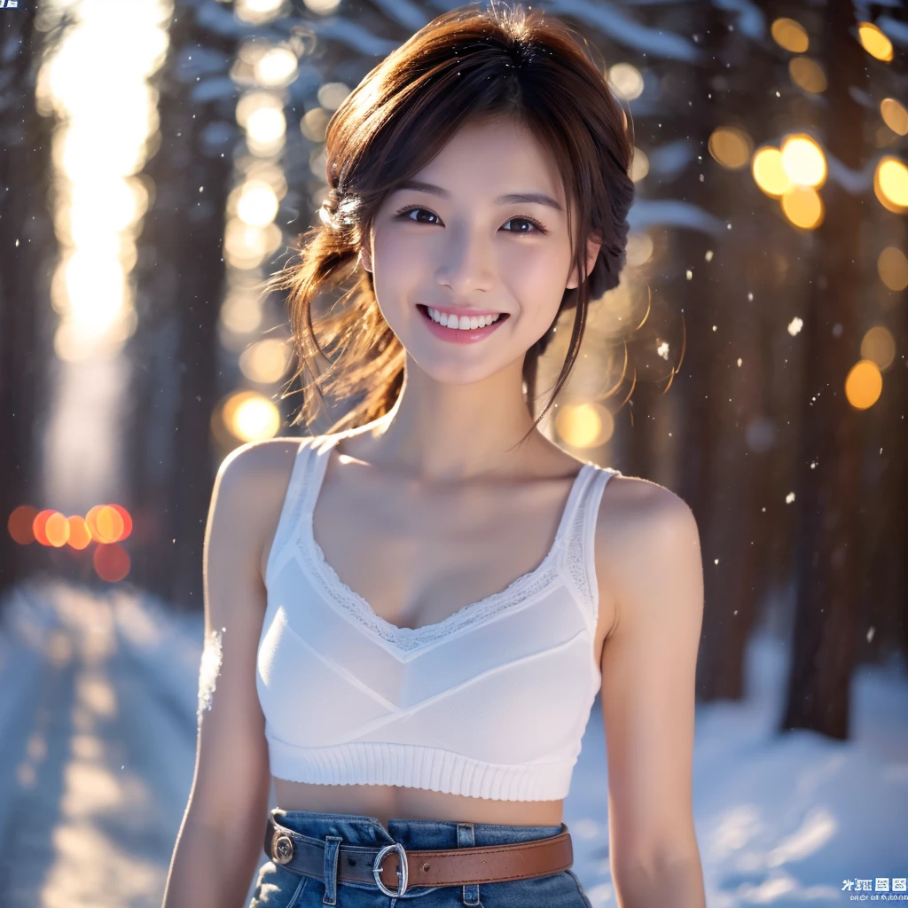 (穿着开方式bralette的超级美女)、((Best quality、8K masterpiece:1.3))、tack sharp focus:1.2、(Super beautiful face:1.0)、(Glossy glossy skin:1.0)、photograph realistic、A brunette one、video lighting、High-definition eyes and face、video lighting、Japanese actressl、seen from the front、medium、With a happy smile、slim abdominal muscle beauty、bralette、In the snowy scene of midwinter、The most advanced belt