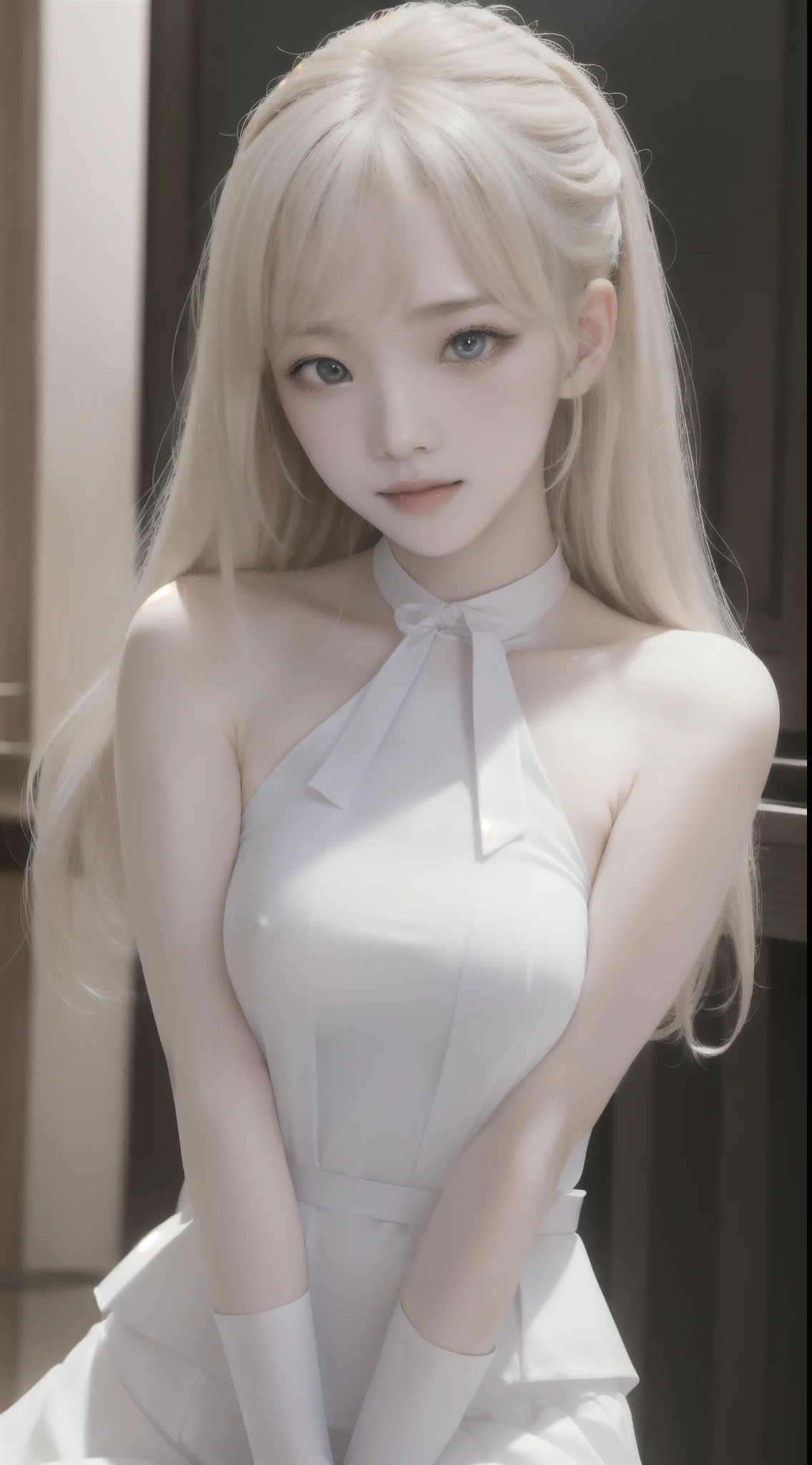 Beautiful girl of 、incomparable beauty、semi smile、Skin feels silky and radiant、Pure white and beautiful skin、medium chest circumference、Bust photo、a sailor suit、Shiny Silky Bright Blonde Extra Long Hair,,、Cute girl with the most beautiful face in the world、The big eyes sparkle a beautiful light blue、Clear double eyelids、