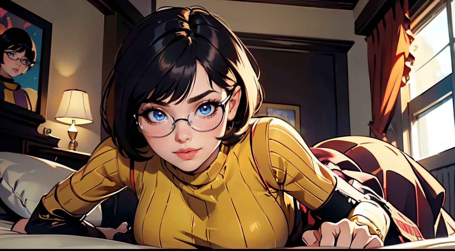 HD, 8k quality, masterpiece, Velma, dream girl, large breasts, beautiful face, blushing, kissing lips, short bob hairstyle, long bangs, perfect makeup, realistic face, detailed eyes, blue eyes, brunette hair, long eyelashes, smiling, spooky bedroom, lying down on bed, thicc body, leaning forward, eyes at viewer, mustard-yellow top, knitted turtle neck sweater, clear lens glasses, cherry-red skirt, schoolgirl skirt,