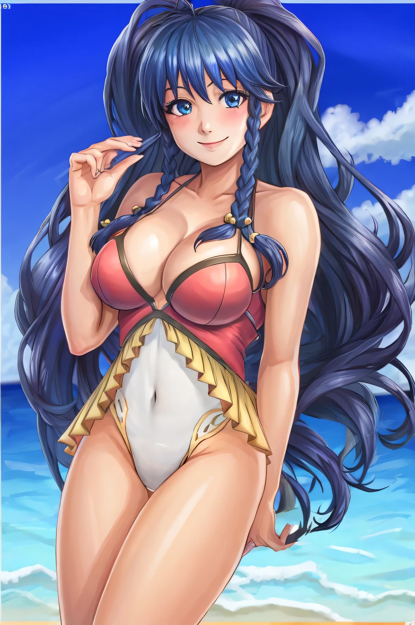 (hyperrealism:1.2), BREAK tana_fe_swimsuit, one-piece swimsuit, BREAK (8K UHD:1.2), (photorealistic:1.2) 1girl, solo, breasts, looking at viewer, blush, smile, cleavage,