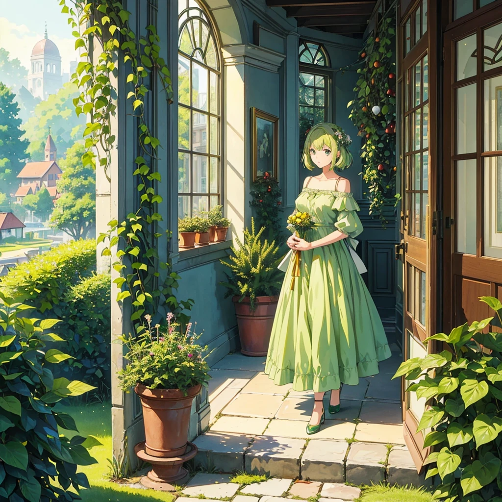 Full Body, Girl with Beautiful Eyes, Christmas Tree, (Extraordinary, Best Aesthetic, New, Latest, Best Quality, Masterpiece, Very Detailed, Anime, Wife:1.2), Watercolor, Cafe, Nature, Green, Ivy , plants, stairs, windows, grass