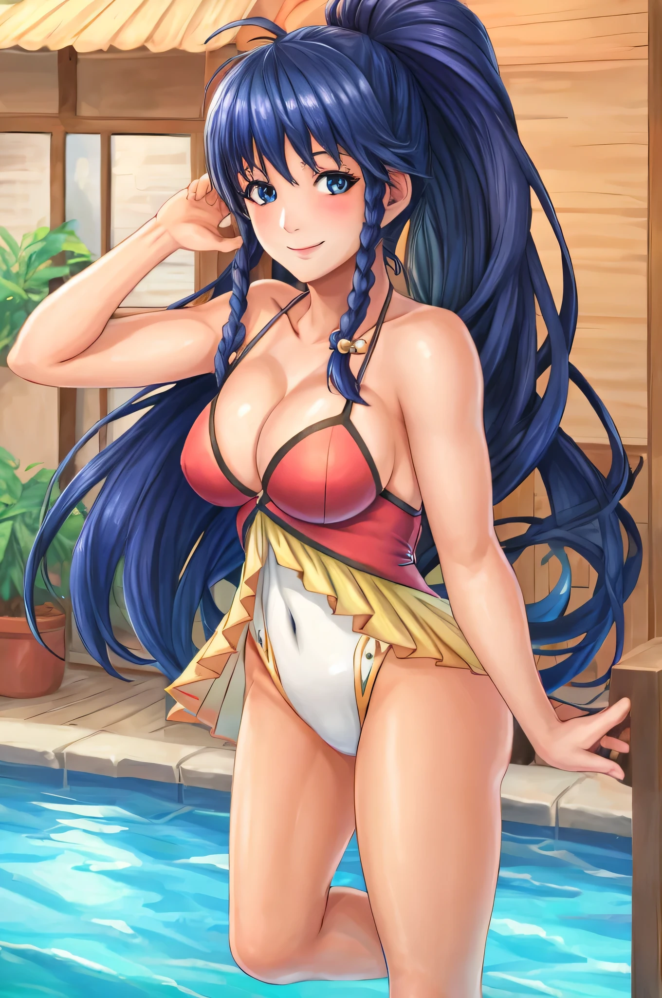 (hyperrealism:1.2), BREAK tana_fe_swimsuit, one-piece swimsuit, BREAK (8K UHD:1.2), (photorealistic:1.2) 1girl, solo, breasts, looking at viewer, blush, smile, cleavage,